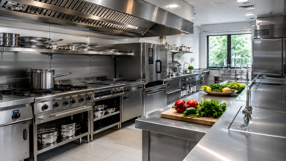 Cucina professionale in acciaio inox con fornelli, banconi di lavoro e verdure fresche su un'isola centrale.