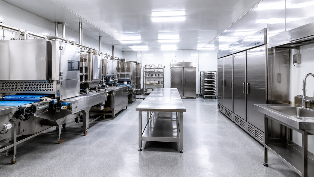 Cucina professionale luminosa in acciaio inox con tavoli di preparazione e nastro trasportatore.