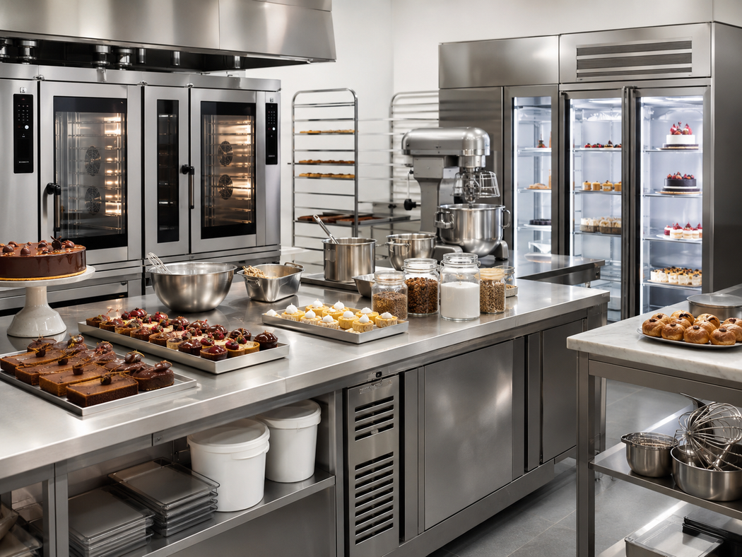Buffet da cucina professionale con banconi in acciaio inox, forni e vassoi per cibi pronti.