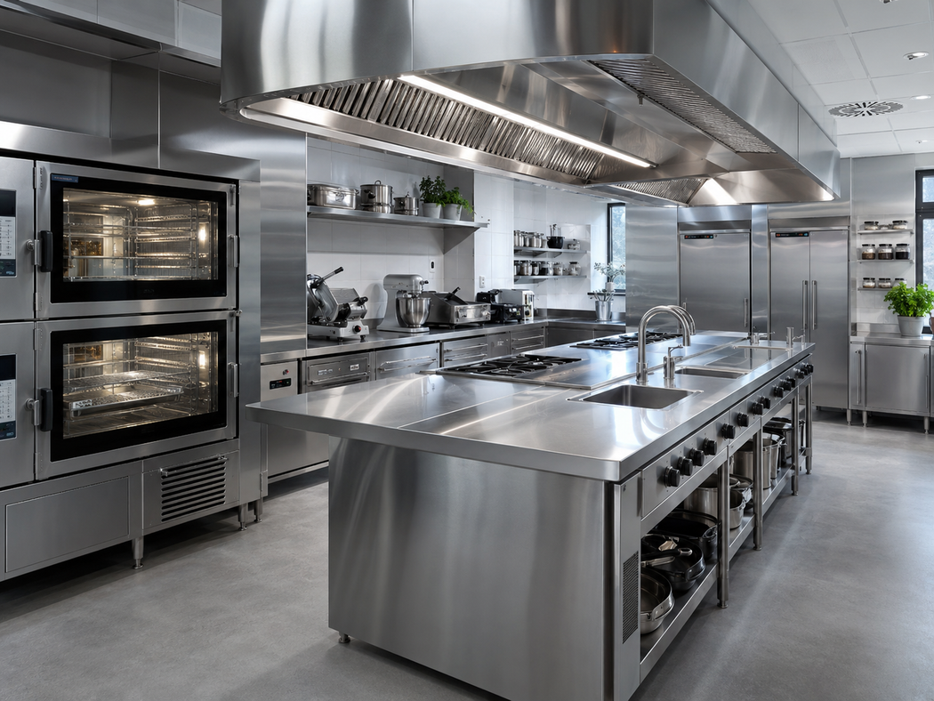 Cucina professionale moderna in acciaio inox con forni, isola di preparazione e cappa aspirante.