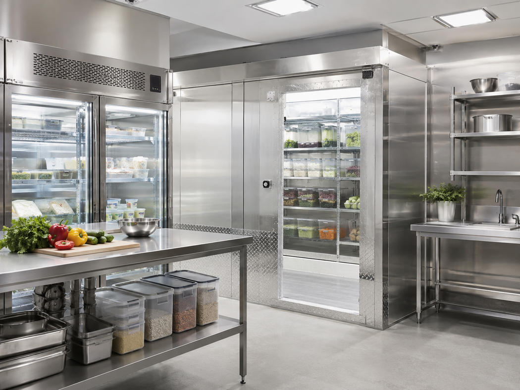 Cucina professionale in acciaio inox con frigoriferi, tavolo di preparazione e scaffalature.