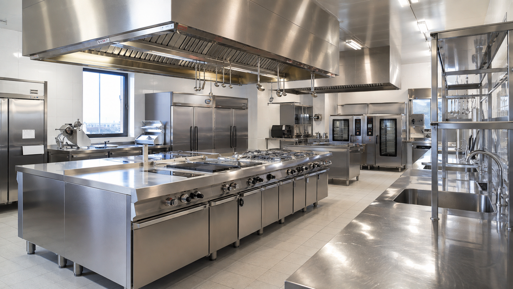 Cucina professionale moderna in acciaio inox con banconi, fornelli e cappe aspiranti.