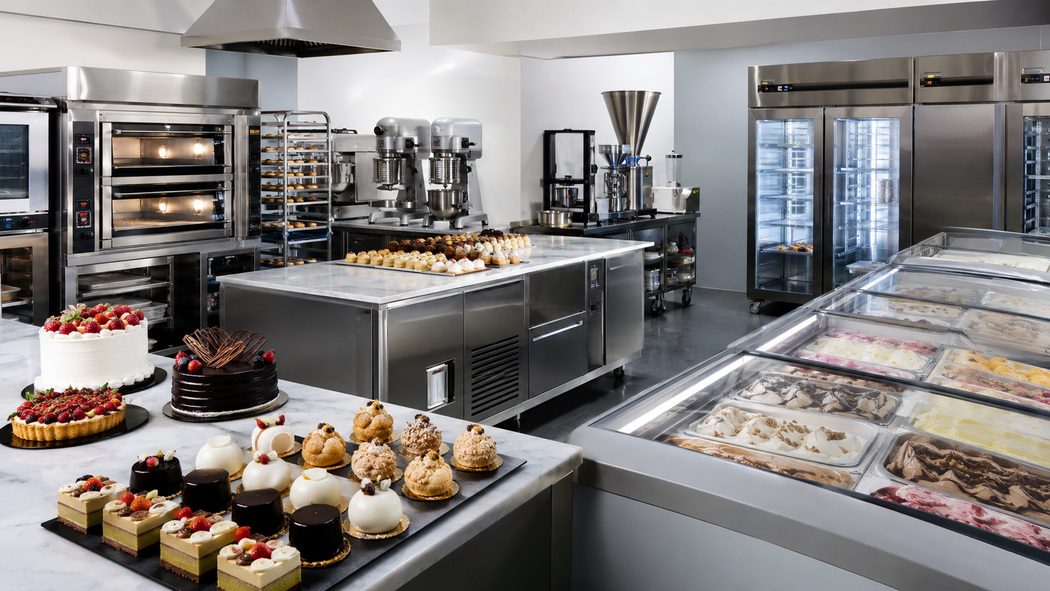 Vetrina di una pasticceria con un assortimento di pasticcini, torte e dessert in una cucina moderna.
