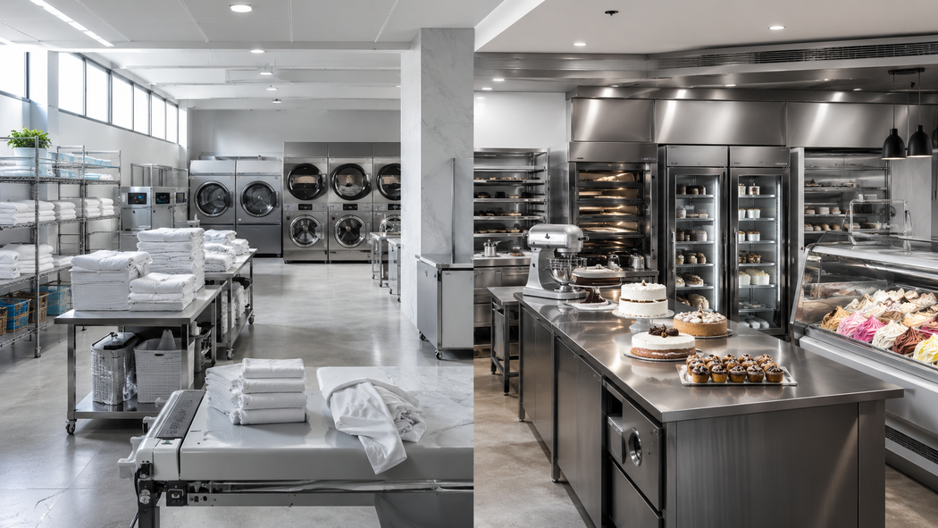 Cucina professionale moderna in acciaio inox con tavoli di preparazione, ripiani per stoviglie, forni e vassoi per buffet.