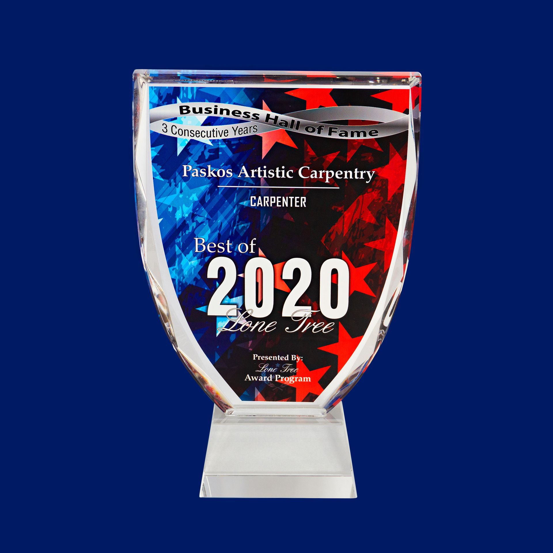 2020 Best of award trophy with blue, red, and white design on a blue background