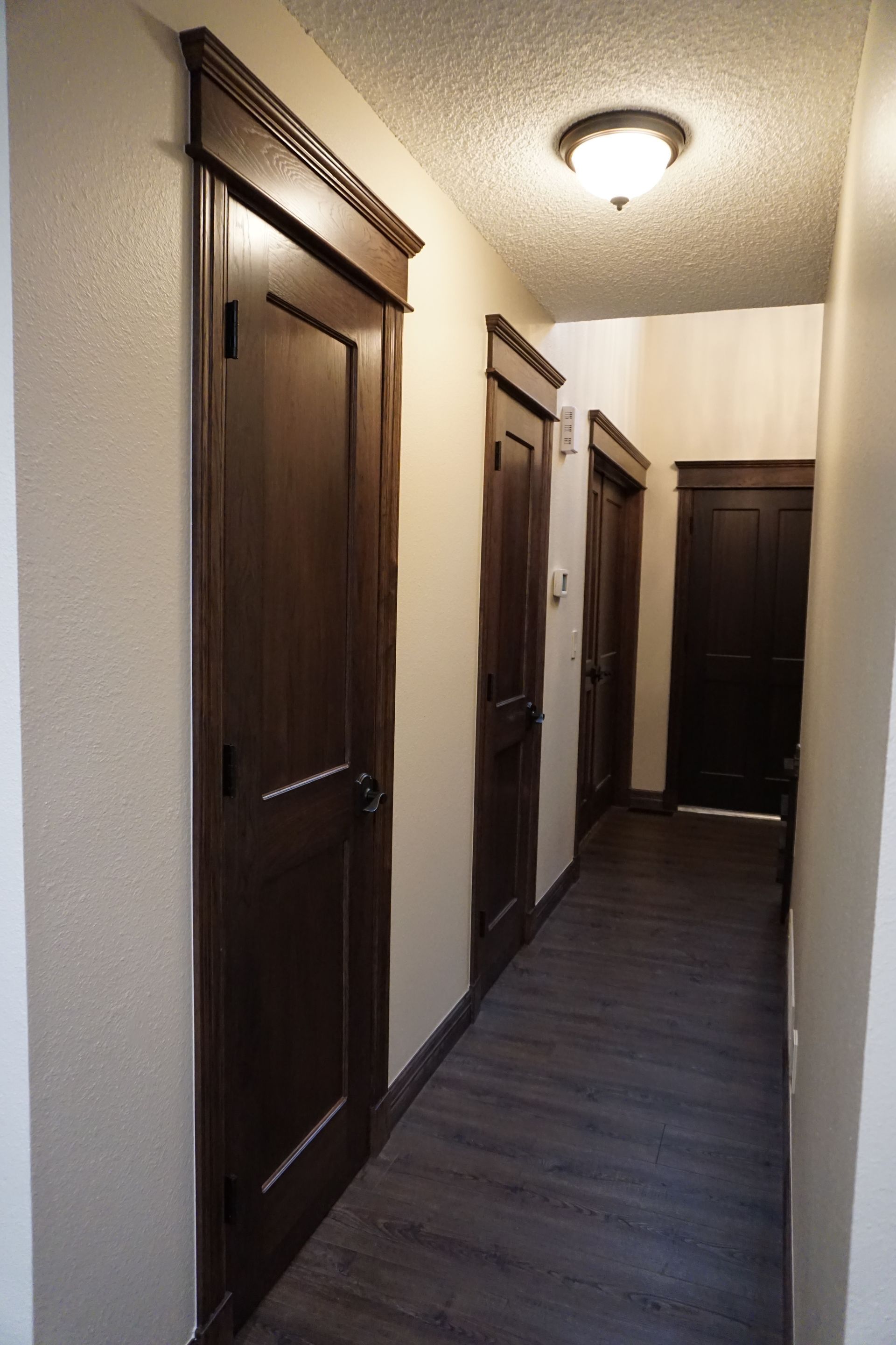 Hallway with three dark brown doors, wood floors, and cream-colored walls.