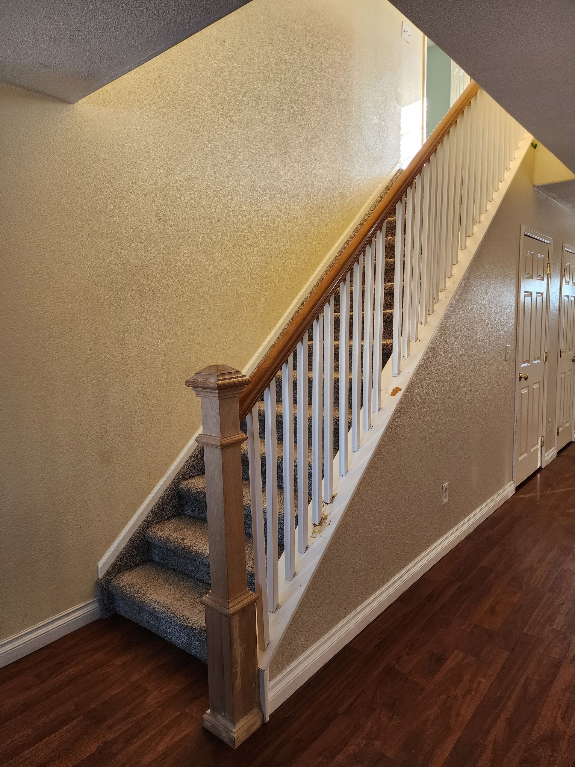 Staircase with carpeted steps, white railing, and wood handrail against textured beige walls.