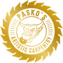 Logo for Pasko's Artistic Carpentry: a bull head with a saw blade in its mouth, surrounded by a saw blade shape and text.