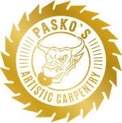 Logo for Pasko's Artistic Carpentry: a bull head with a saw blade in its mouth, surrounded by a saw blade shape and text.