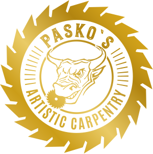 Logo for Pasko's Artistic Carpentry: a bull head with a saw blade in its mouth, surrounded by a saw blade shape and text.