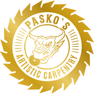 Logo for Pasko's Artistic Carpentry: a bull head with a saw blade in its mouth, surrounded by a saw blade shape and text.