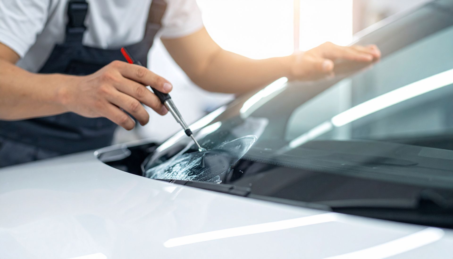 A skilled technician carefully applies a protective film to a car windshield in a bright workshop. 