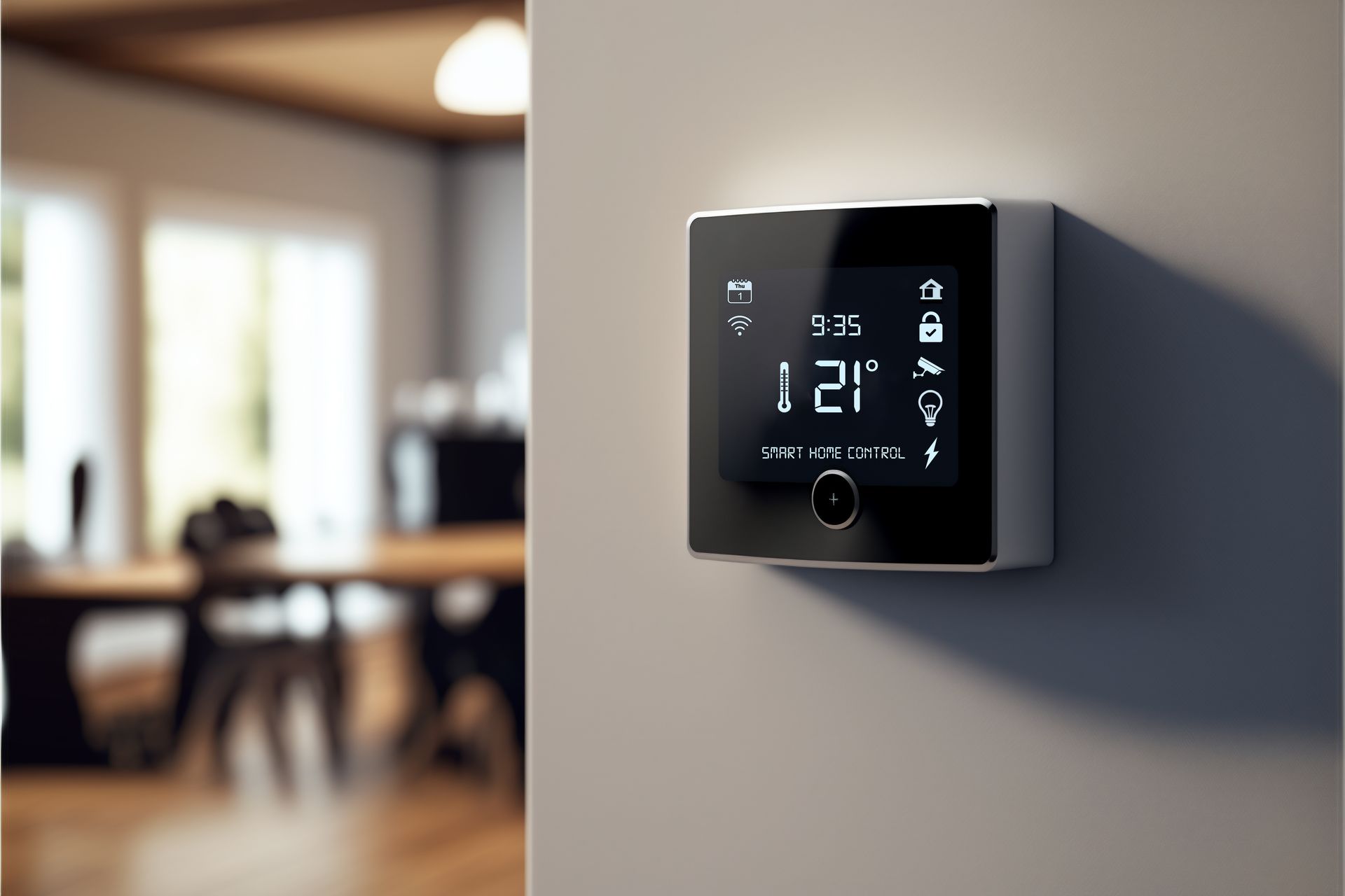 A digital thermostat is mounted on a wall in a living room.