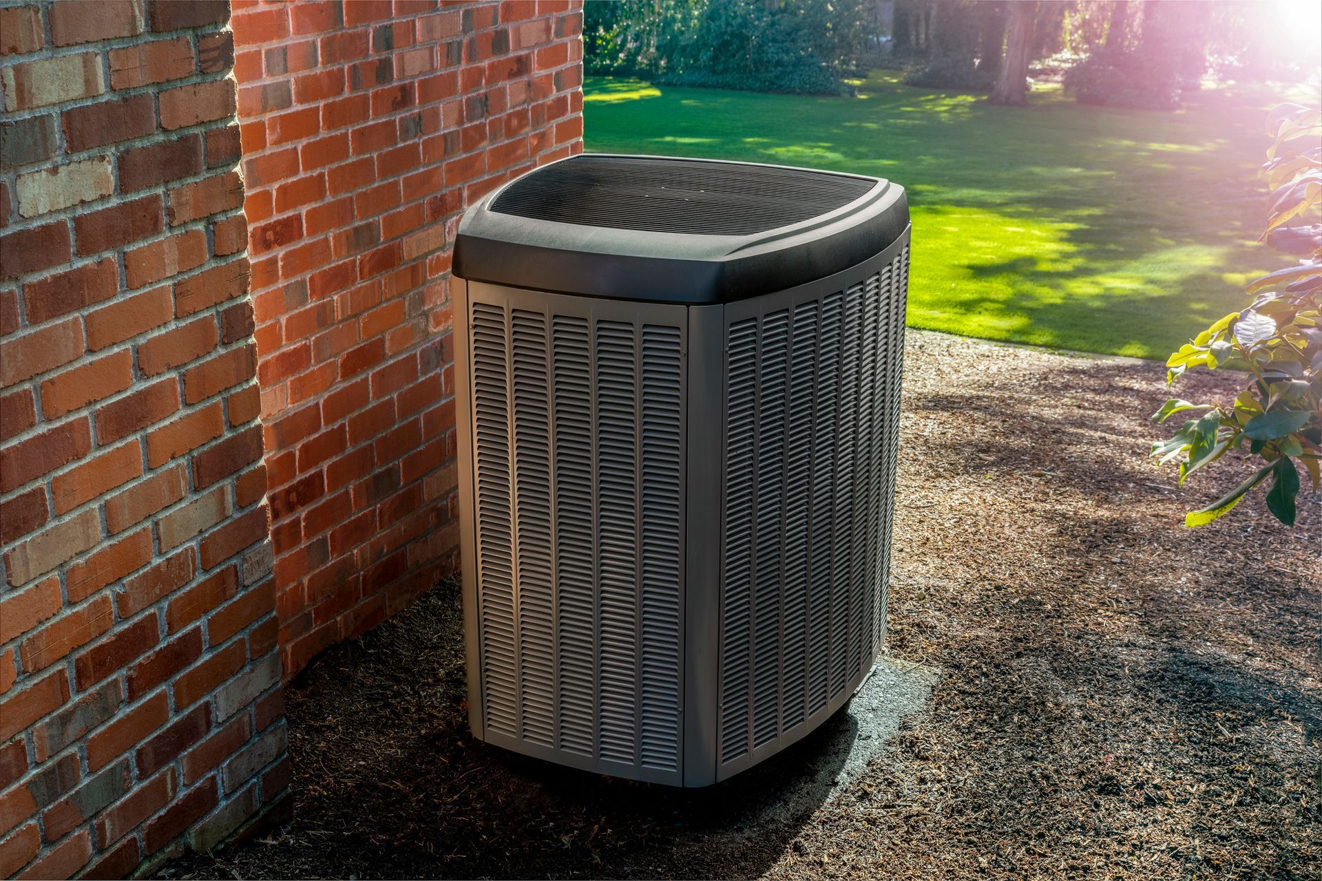 An air conditioner is sitting on the side of a brick wall.