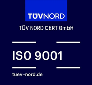 Logo di certificazione TÜV NORD: ISO 9001 su sfondo blu.