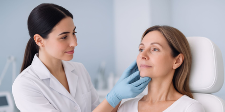 Aesthetic Dermatologist clinic owner-operator together their client during an aesthetic procedure. 