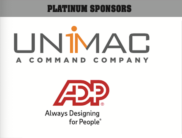 Platinum sponsors banner with UNIMAC and ADP company logos on white background