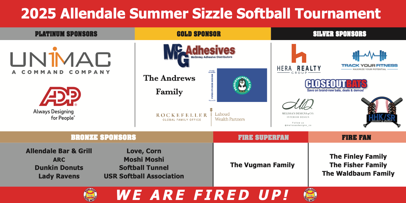 2025 Allendale Summer Sizzle Softball Tournament poster with team logos and “We Are Fired Up!” banner