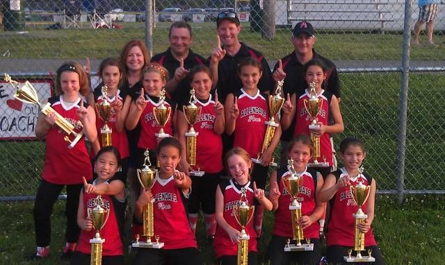 Youth soccer team posing with trophies on a field, wearing red uniforms with coaches behind them.
