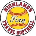 HIGHLANDS Fire Travel Softball circular logo with red text and yellow softball background