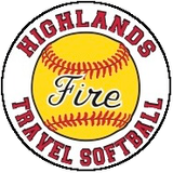 HIGHLANDS Fire Travel Softball circular logo with red text and yellow softball background