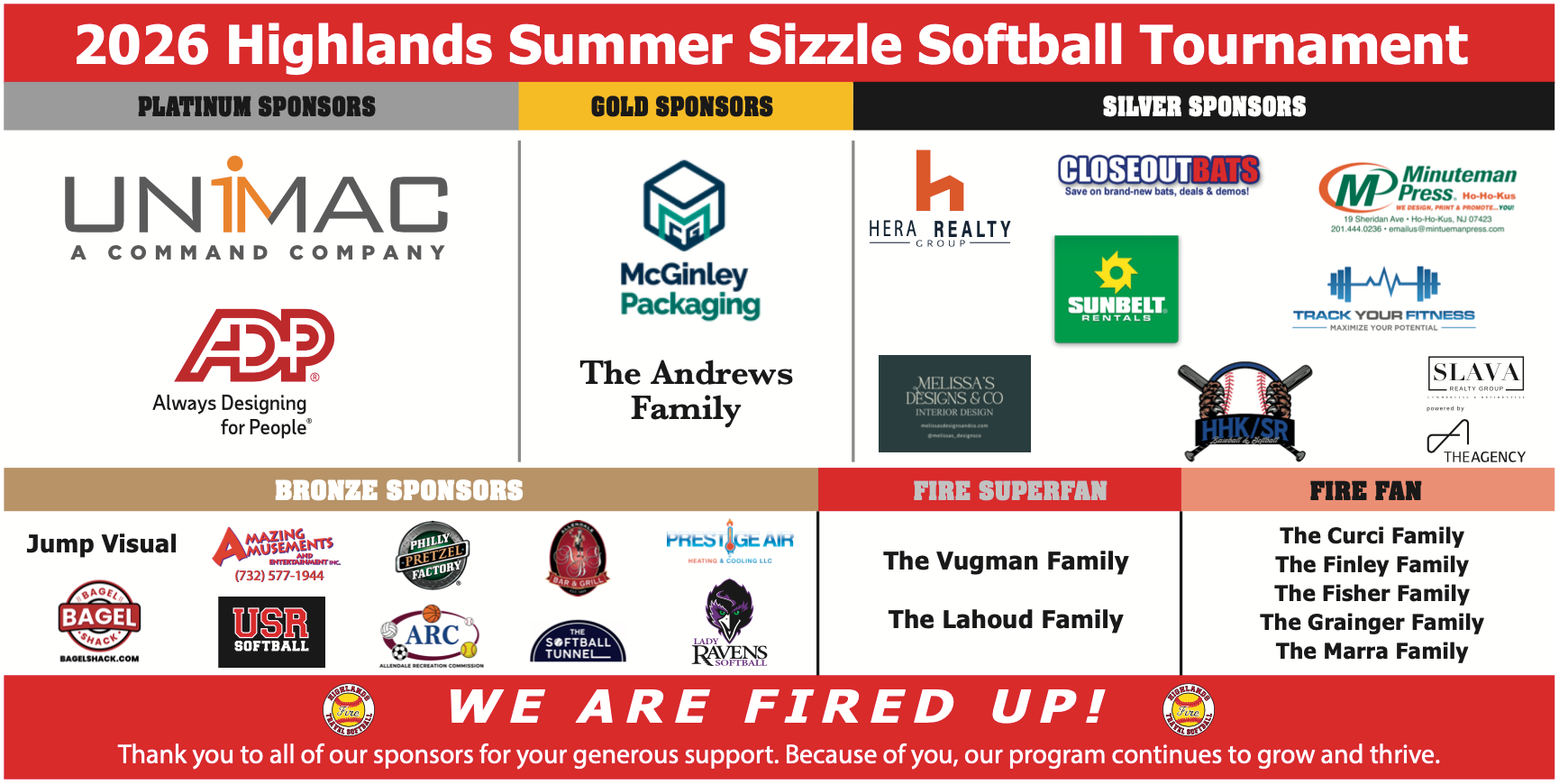 2026 Highlands Summer Sizzle Softball Tournament Sponsors