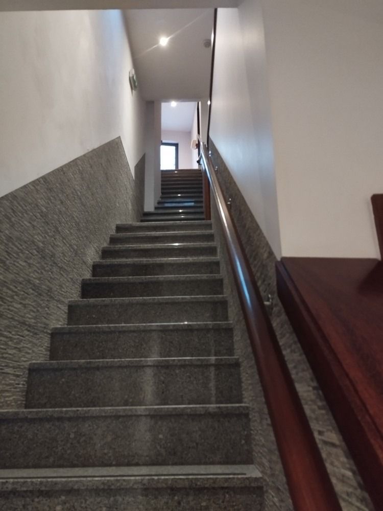 Narrow indoor staircase with gray carpet, white walls, wooden handrail, and daylight at the top.
