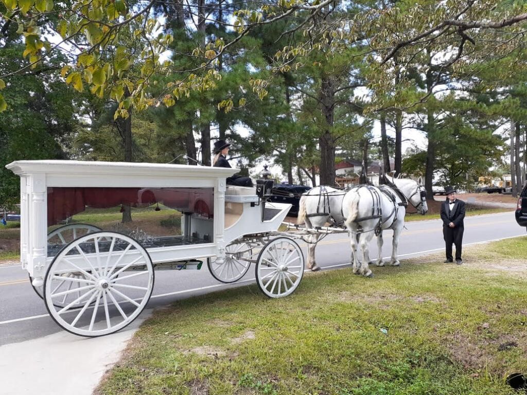 Horse-drawn white hearse with two white horses. A man stands beside it. Outdoors, trees in the background.