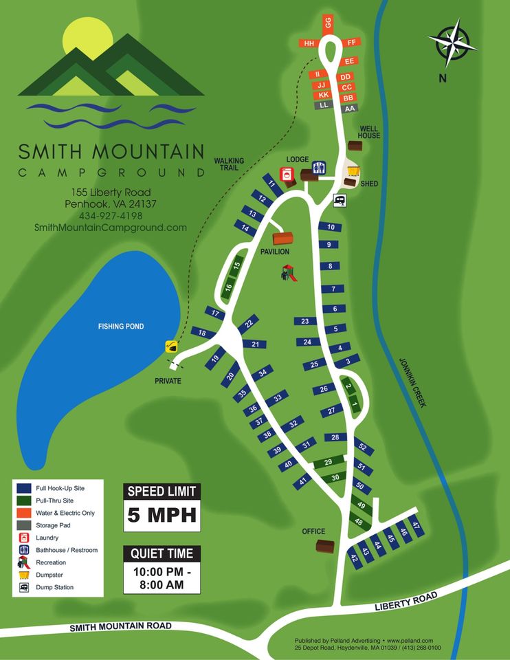 Smith Mountain Campground map; shows camping areas, lake, creek, and roads.