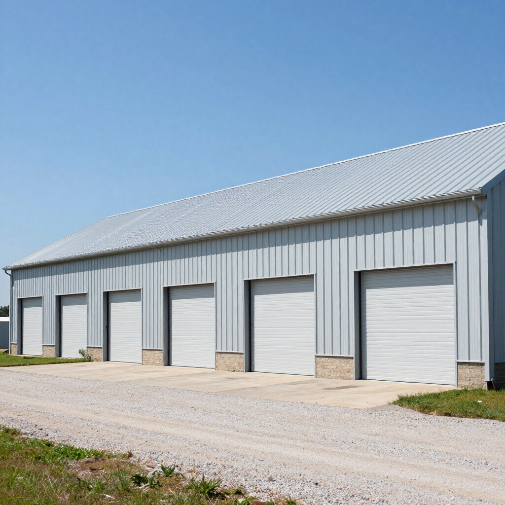 Row of white metal storage garage doors on a gravel lot under a clear blue sky