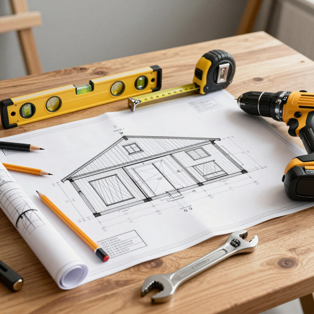 Drafting table with house blueprint, yellow level, measuring tape, pencil, and wrench on a wooden workbench