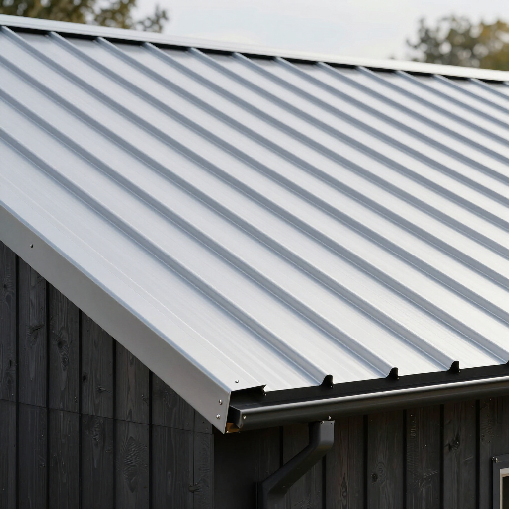 Gray metal corrugated roof on a dark wooden building, viewed at an angle.