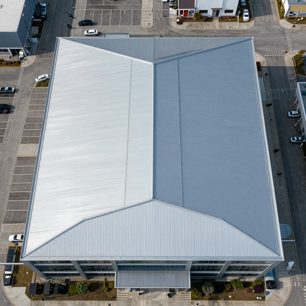 Aerial view of a large building with a silver metal roof and surrounding parking lot.
