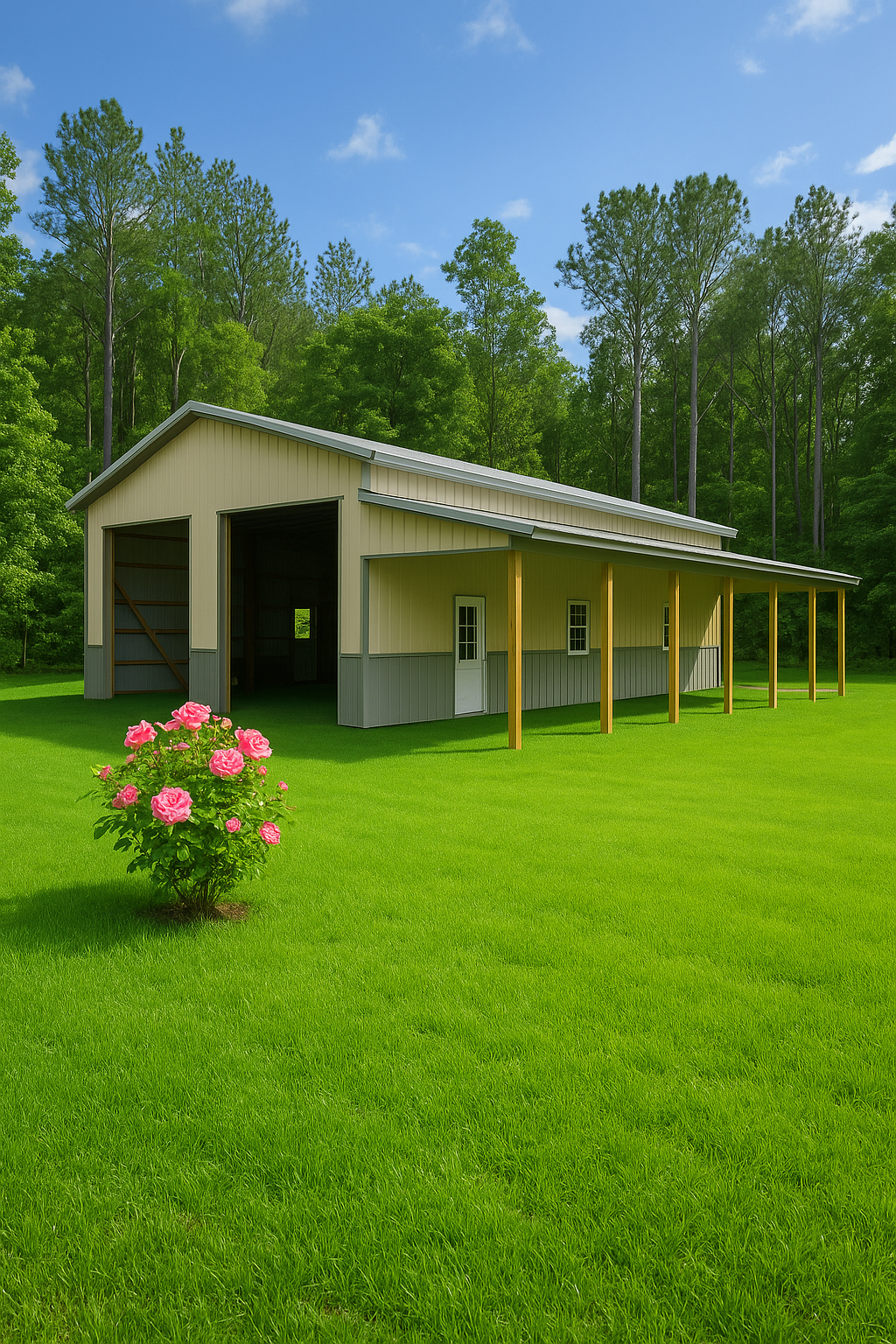A large pole building with a covered porch sits in the middle of a lush green field
