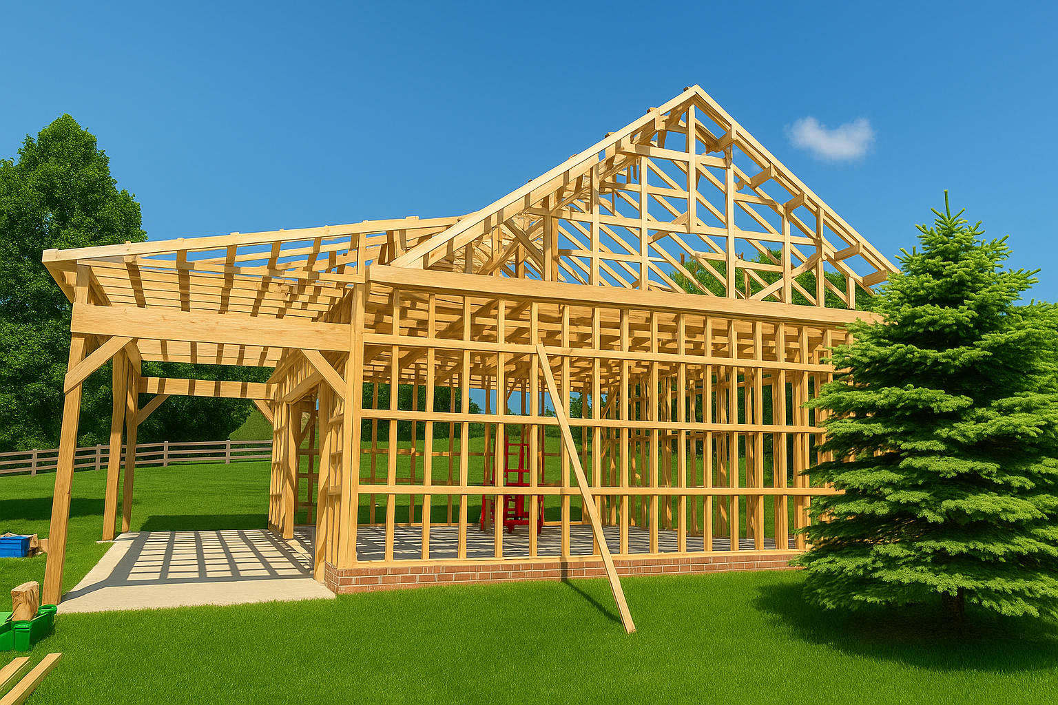A wooden house is being built in the middle of a lush green field.