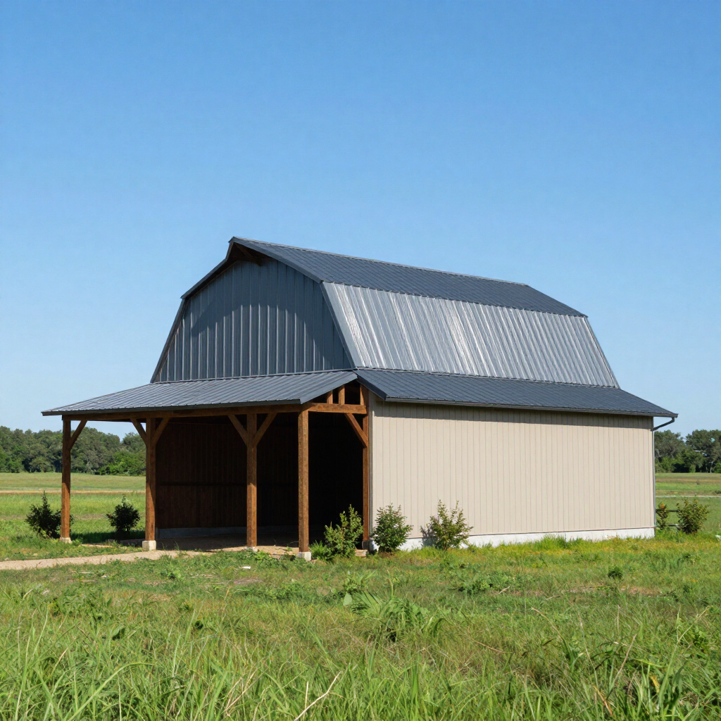 Small beige barn with a gray metal roof in a grassy field under a clear blue sky