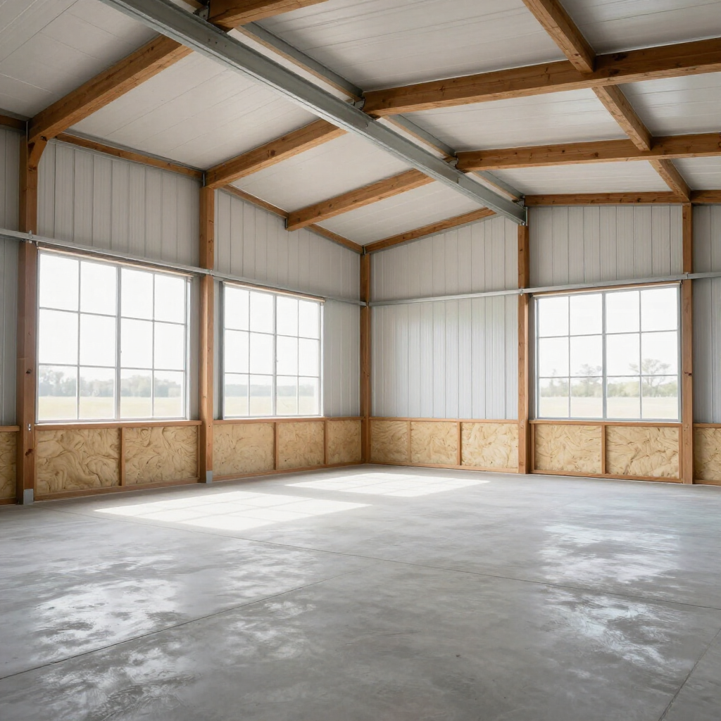 Empty unfinished warehouse interior with concrete floor, exposed beams, and large windows