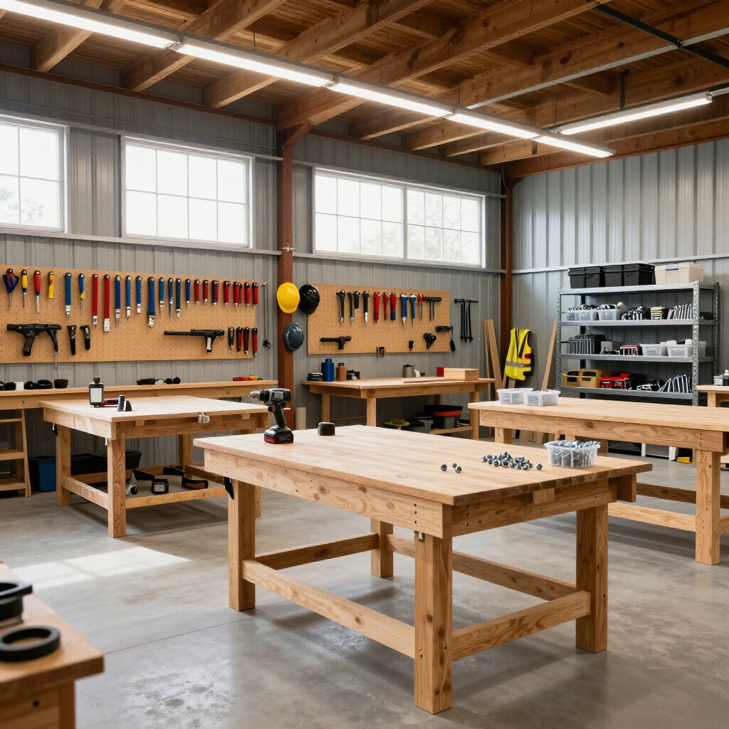 Woodworking workshop with workbenches, tools on the wall, and shelves in a bright wooden interior.