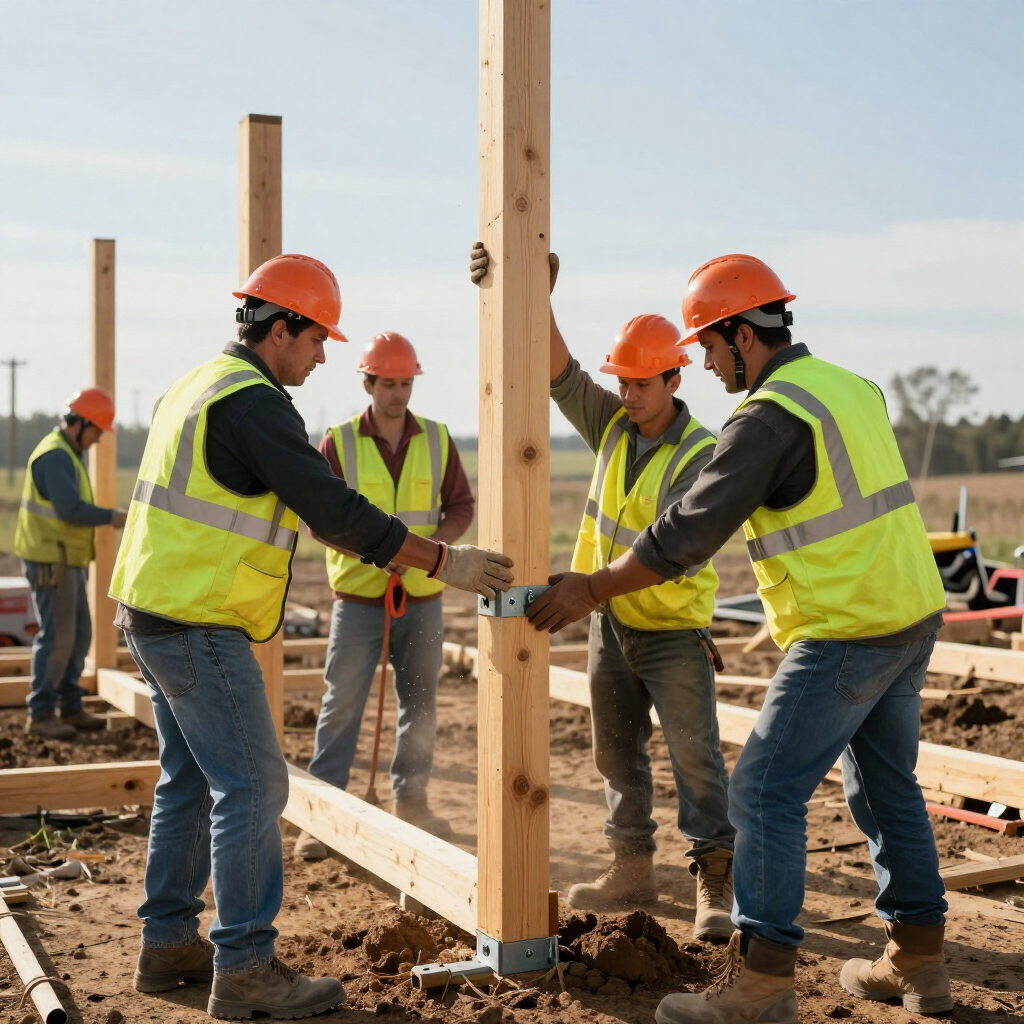Construction crew in orange hard hats and safety vests lifting a wooden wall frame on a job site