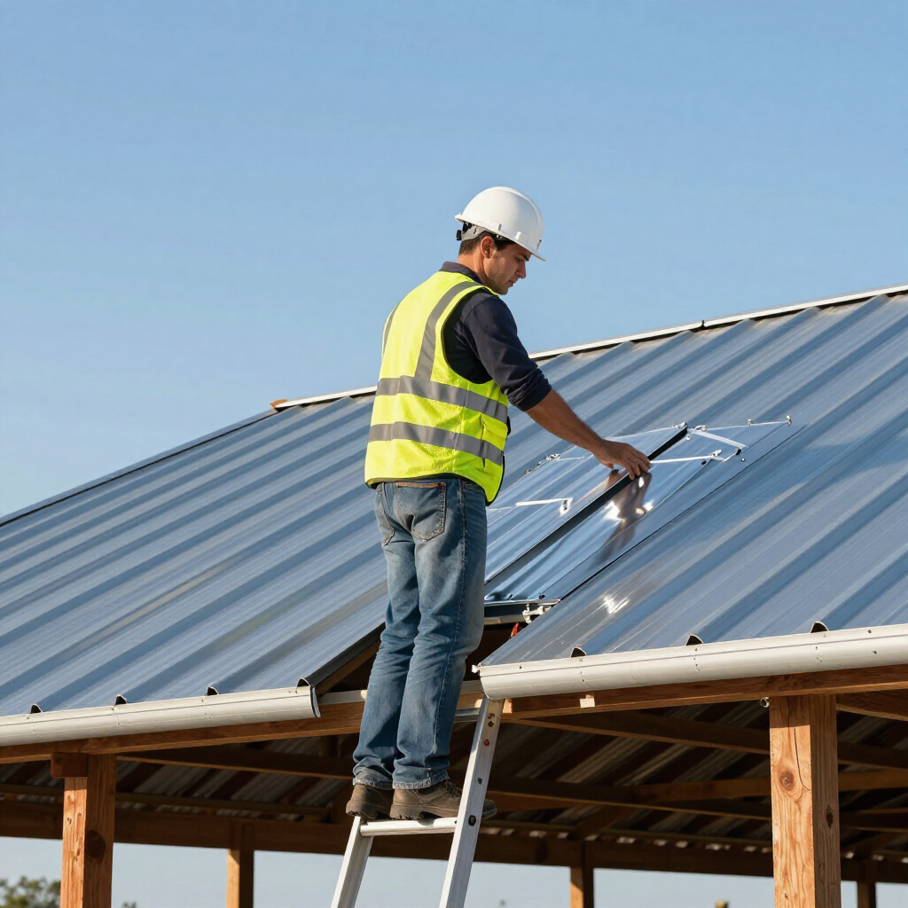 Worker in a hard hat and safety vest painting a metal roof on a house under construction