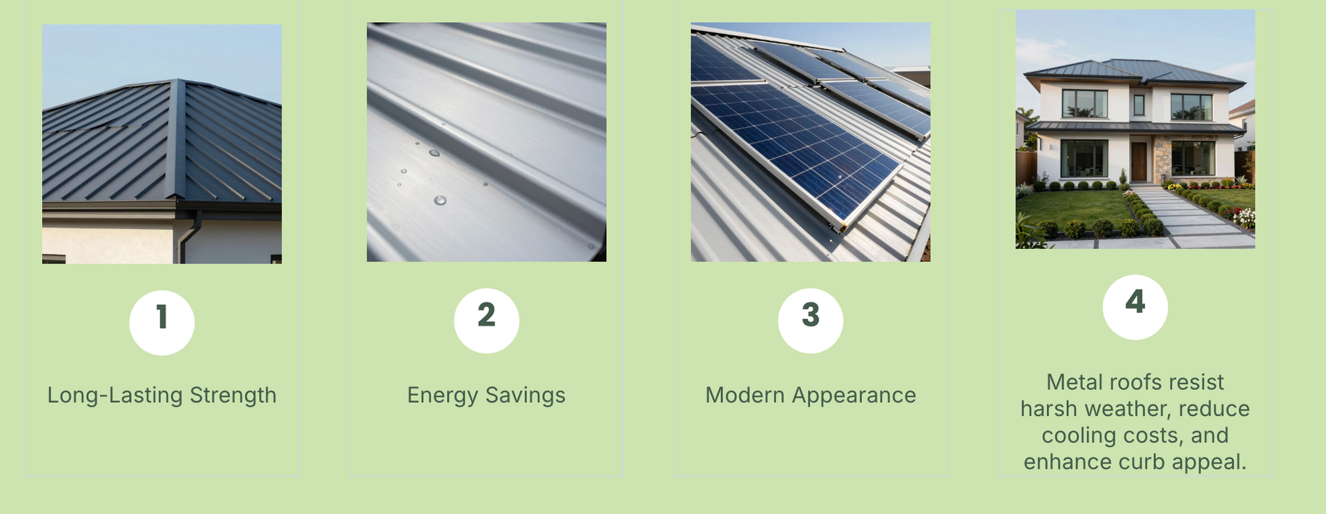 Four roofing materials shown: long lasting shingles, energy savings, impact resistance, and wind resistance.