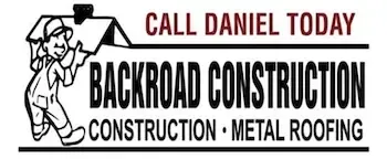 A logo for backroad construction construction and metal roofing