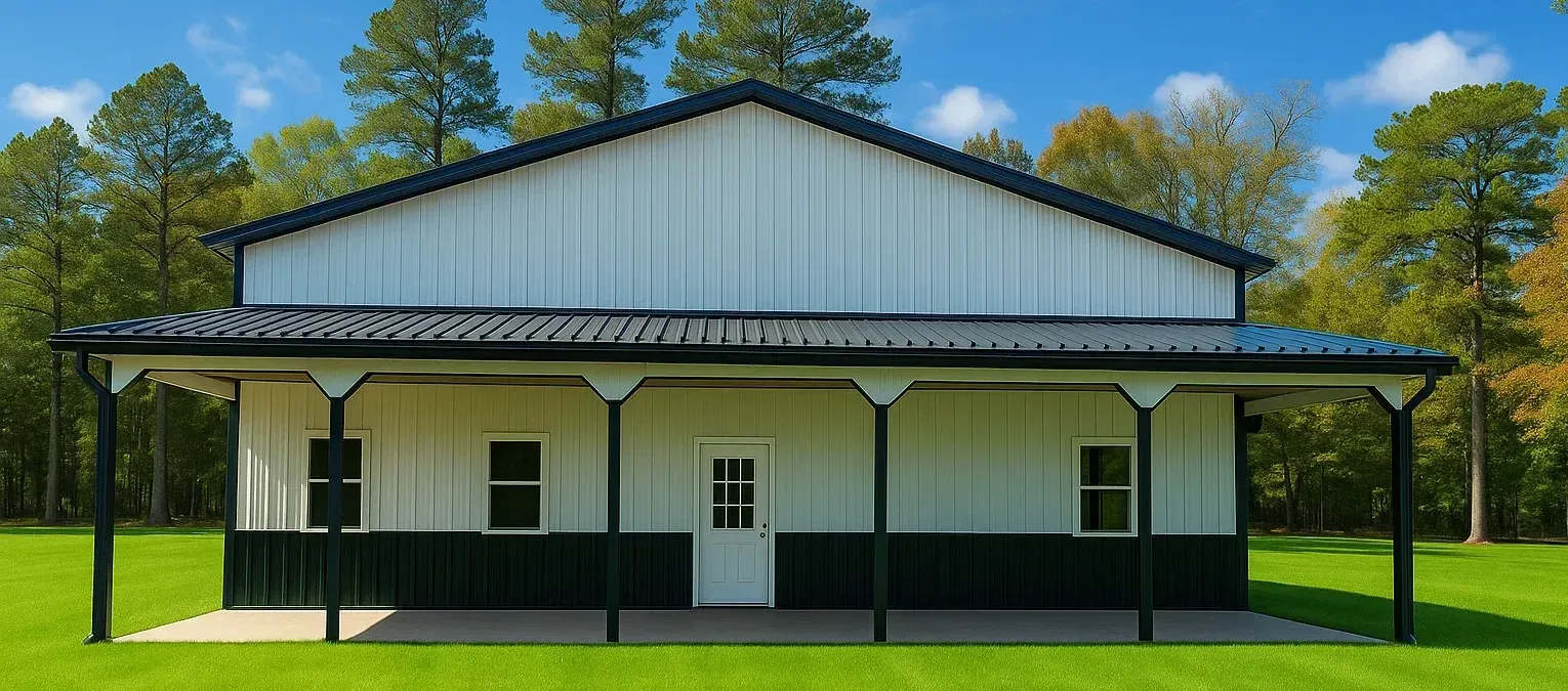 A white and black pole building with a porch and trees in the background