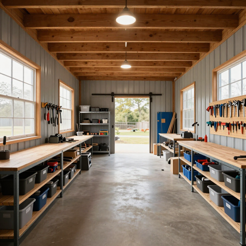 Wooden workshop interior with workbenches, tools, shelves, and large windows