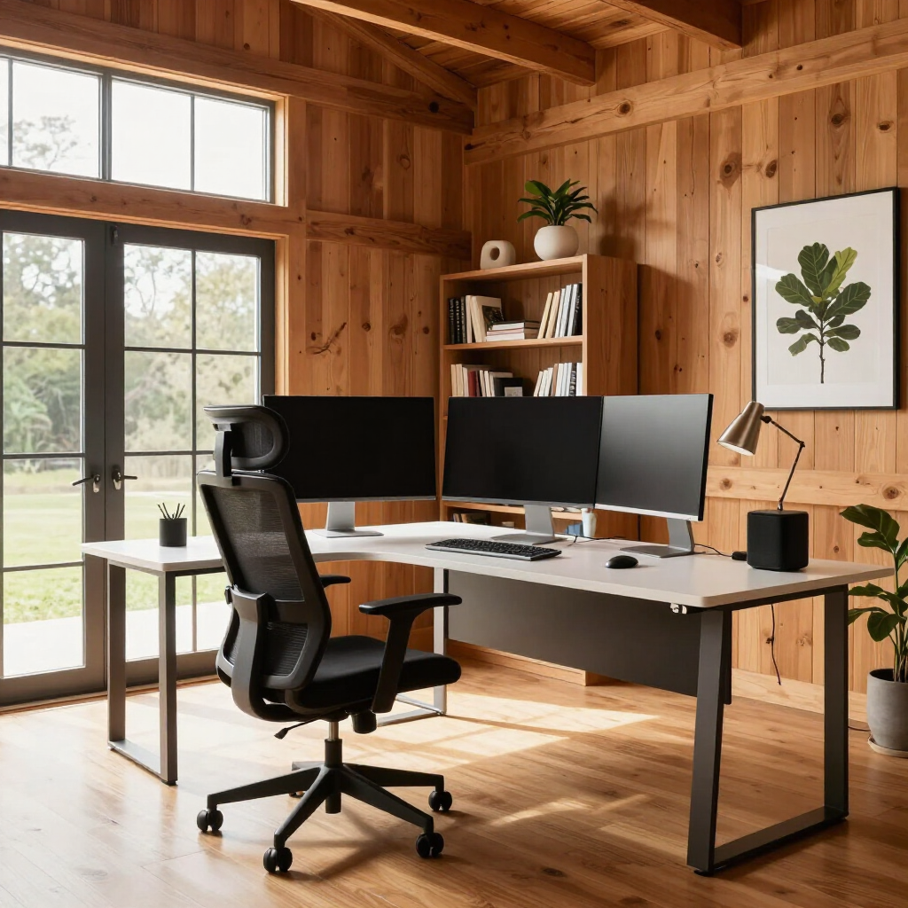 Modern home office with wooden walls, standing desk, dual monitors, chair, and large windows