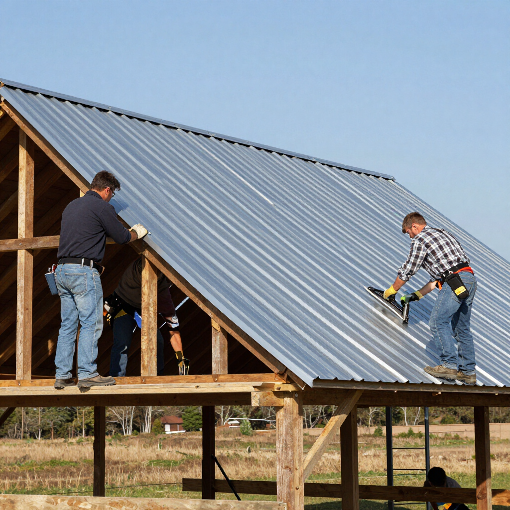 Workers installing a metal roof on a wooden frame under a clear sky