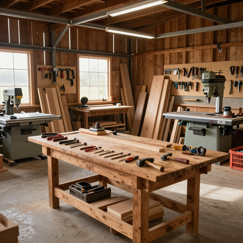 Woodworking shop with a central workbench, tools on walls, lumber stacked, and saws by bright windows