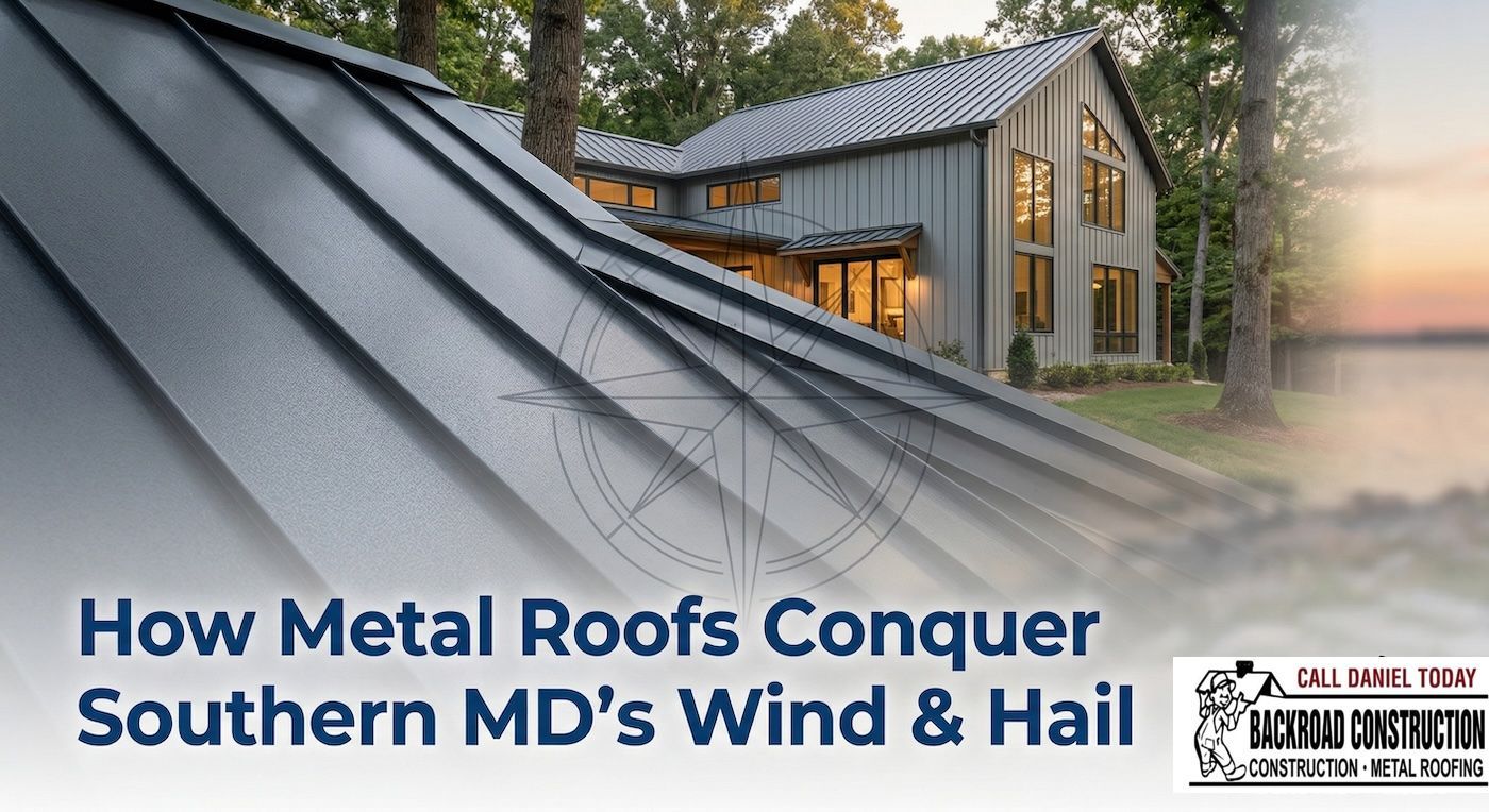 Metal roof with rain on modern home; text: “How Metal Roofs Conquer Southern MD’s Wind & Hail”