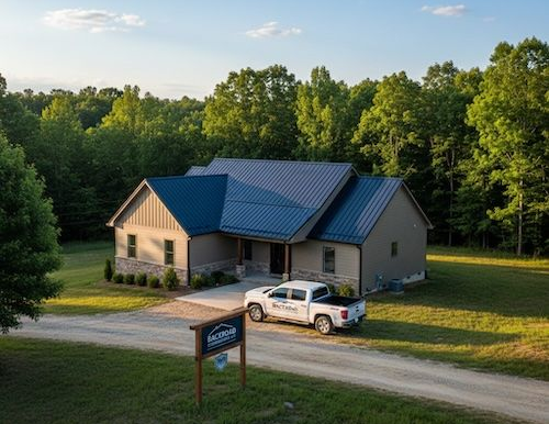 A tan house with a blue metal roof, surrounded by trees, with a white truck and business sign in the gravel driveway.