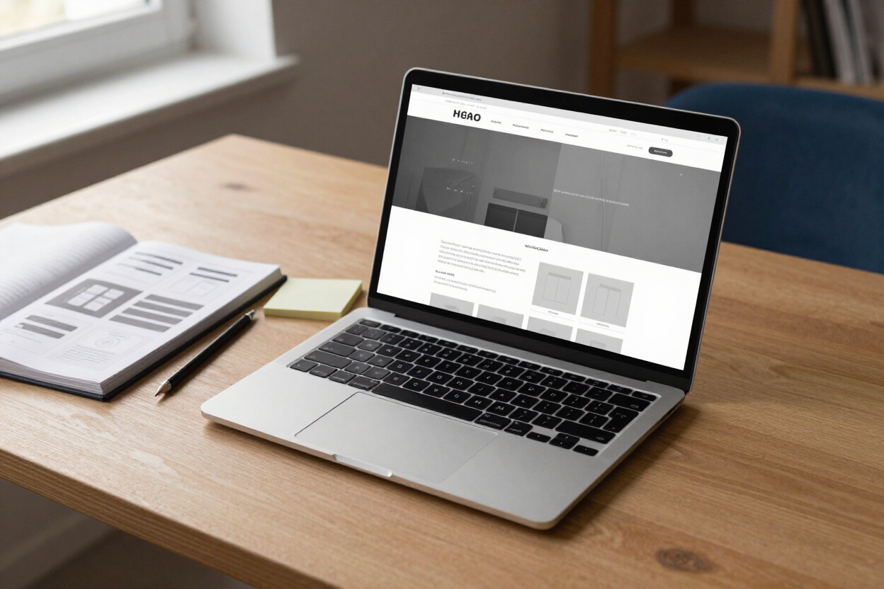 Website wireframes on a laptop at a designer's desk